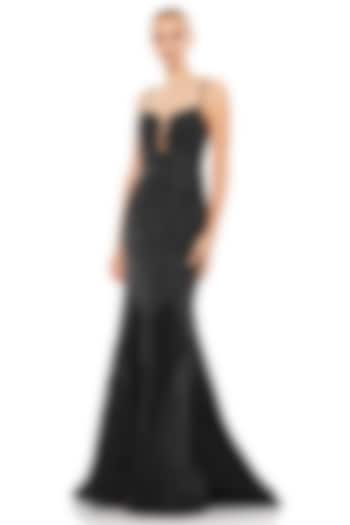 Black Polyester Embroidered Trumpet Gown by Mac Duggal at Pernia's Pop Up Shop