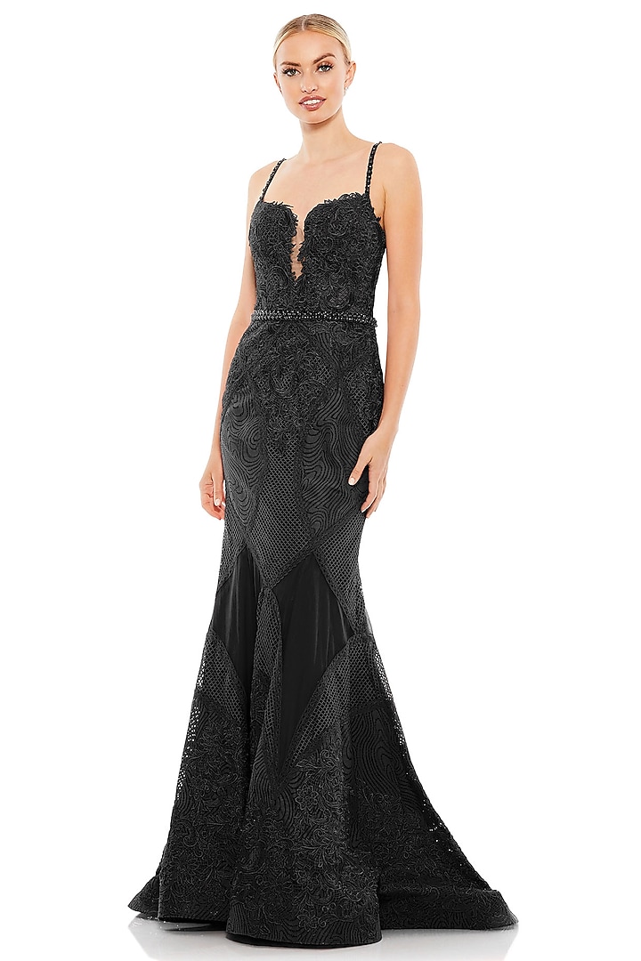 Black Polyester Embroidered Trumpet Gown by Mac Duggal at Pernia's Pop Up Shop