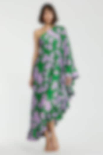 Green Charmeuse Floral Printed One-Shoulder Midi Cocktail Dress by Mac Duggal at Pernia's Pop Up Shop