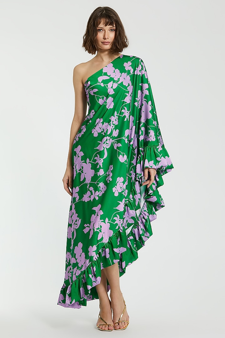 Green Charmeuse Floral Printed One-Shoulder Midi Cocktail Dress by Mac Duggal at Pernia's Pop Up Shop