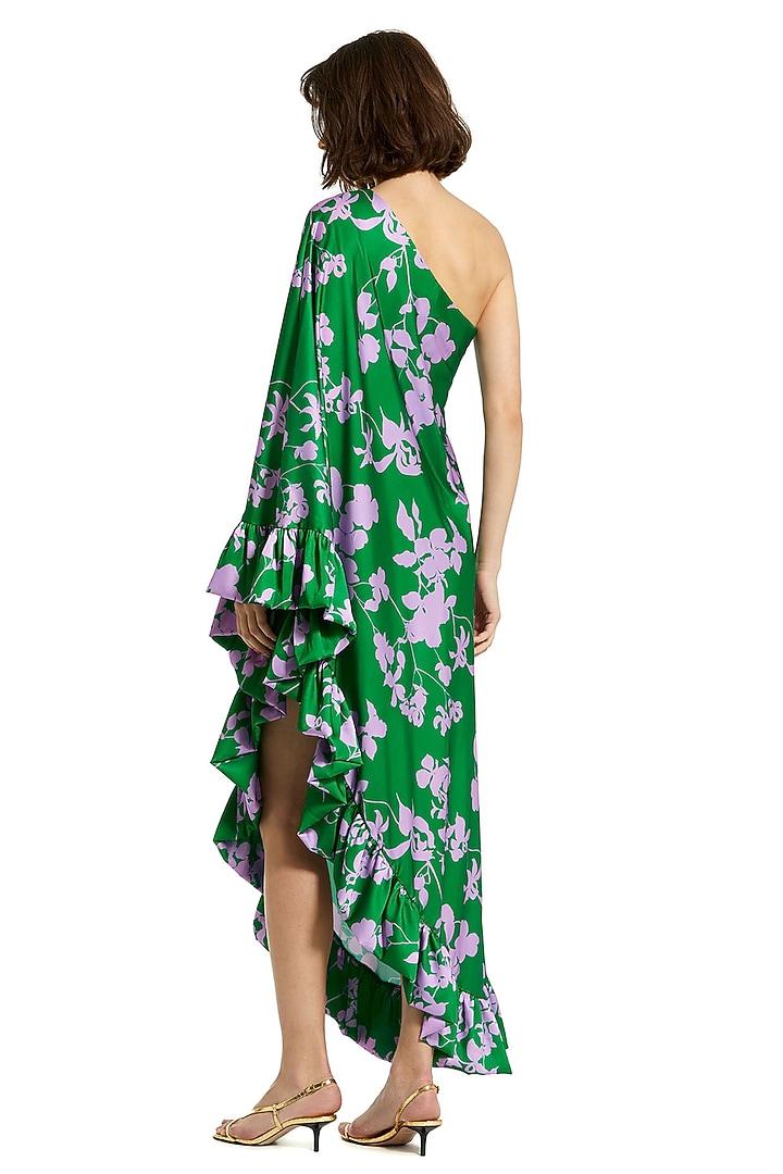 Green Charmeuse Floral Printed One-Shoulder Midi Cocktail Dress by Mac Duggal at Pernia's Pop Up Shop