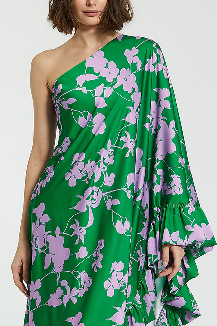 Green Charmeuse Floral Printed One-Shoulder Midi Cocktail Dress by Mac Duggal at Pernia's Pop Up Shop