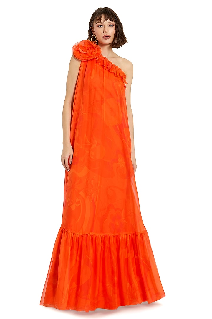 Orange Chiffon Floral Printed One-Shoulder Maxi Dress by Mac Duggal at Pernia's Pop Up Shop