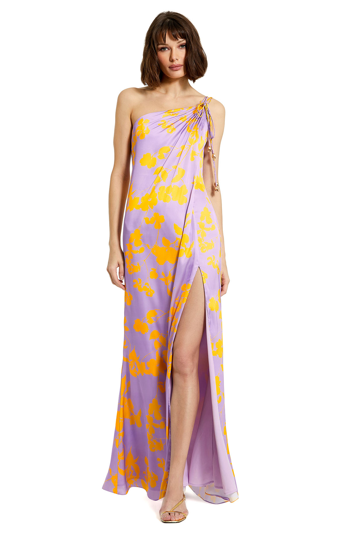 Purple Charmeuse Floral Printed One-Shoulder Maxi Dress by Mac Duggal at Pernia's Pop Up Shop