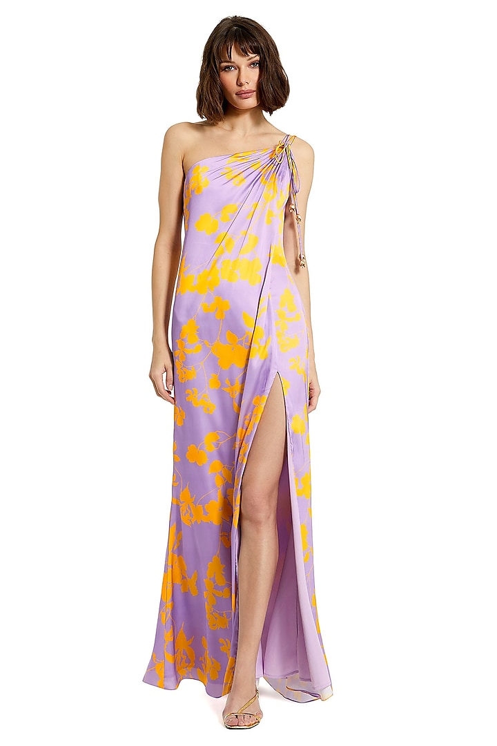 Purple Charmeuse Floral Printed One-Shoulder Maxi Dress by Mac Duggal at Pernia's Pop Up Shop