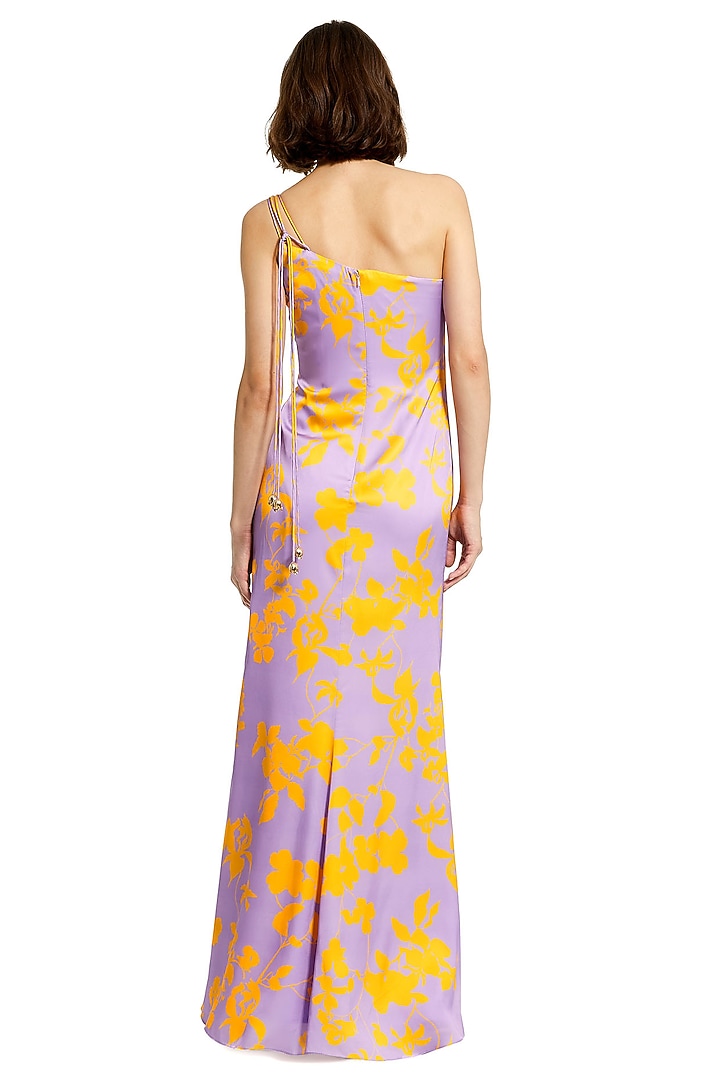 Purple Charmeuse Floral Printed One-Shoulder Maxi Cocktail Dress by Mac Duggal at Pernia's Pop Up Shop