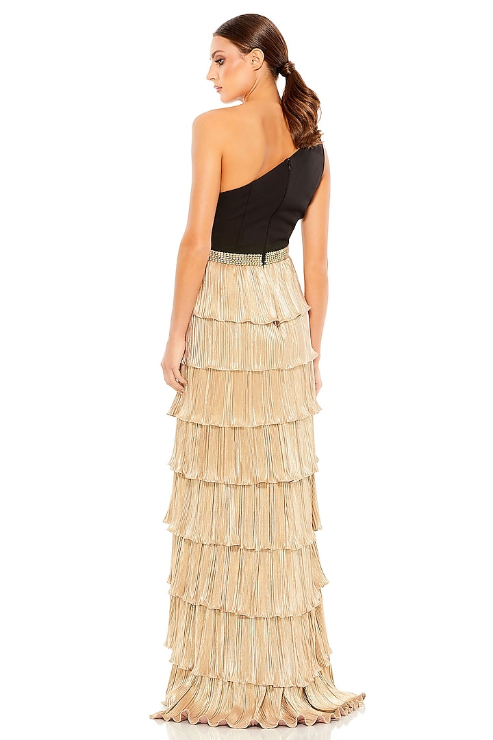 Black & Gold Polyester One-Shoulder Engagement Gown by Mac Duggal at Pernia's Pop Up Shop