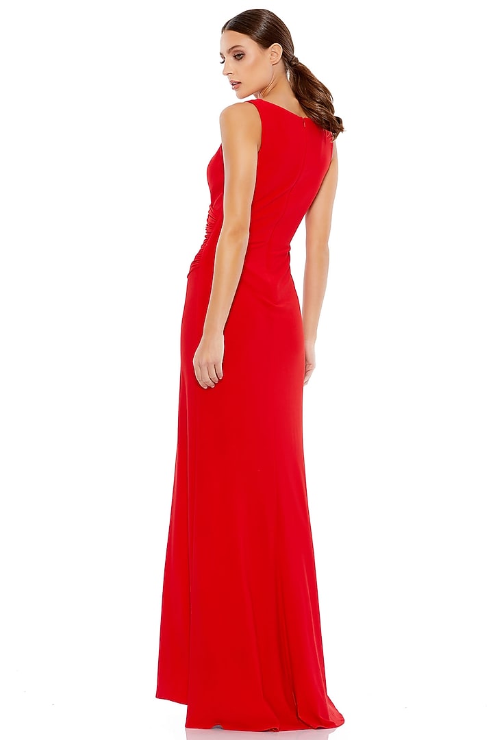 Red Polyester Ruched Slit Engagement Gown by Mac Duggal at Pernia's Pop Up Shop
