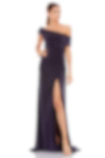 Charcoal Polyester Ruched Off-Shoulder Party Wear Gown by Mac Duggal at Pernia's Pop Up Shop