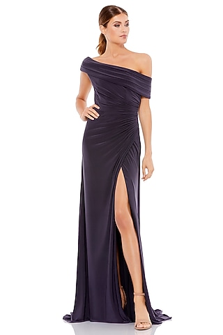 Charcoal Polyester Ruched Off-Shoulder Gown by Mac Duggal