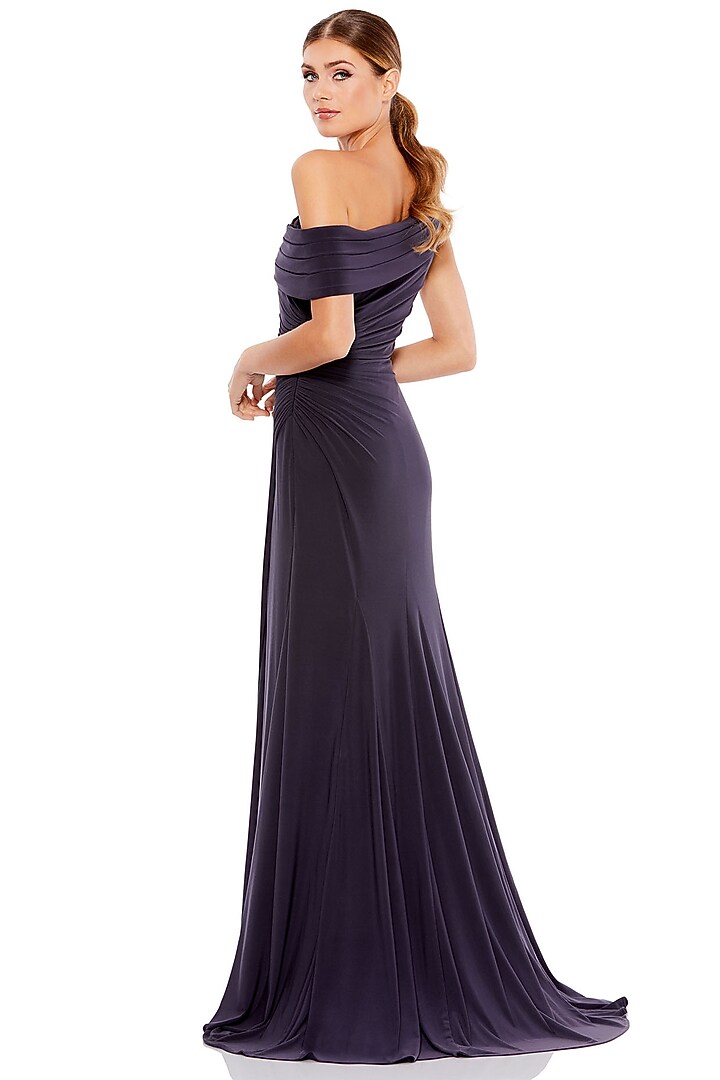 Charcoal Polyester Ruched Off-Shoulder Party Wear Gown by Mac Duggal at Pernia's Pop Up Shop