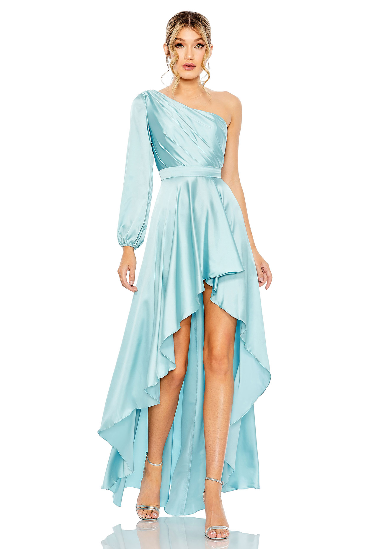 French Blue Satin One-Shoulder Dress by Mac Duggal at Pernia's Pop Up Shop