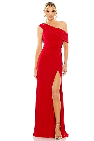 Red Polyester Ruched Off-Shoulder Gown by Mac Duggal