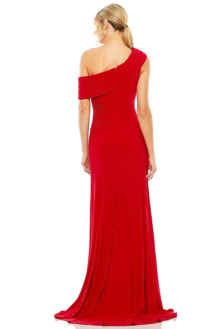 Red Polyester Ruched Off-Shoulder Party Wear Gown by Mac Duggal at Pernia's Pop Up Shop