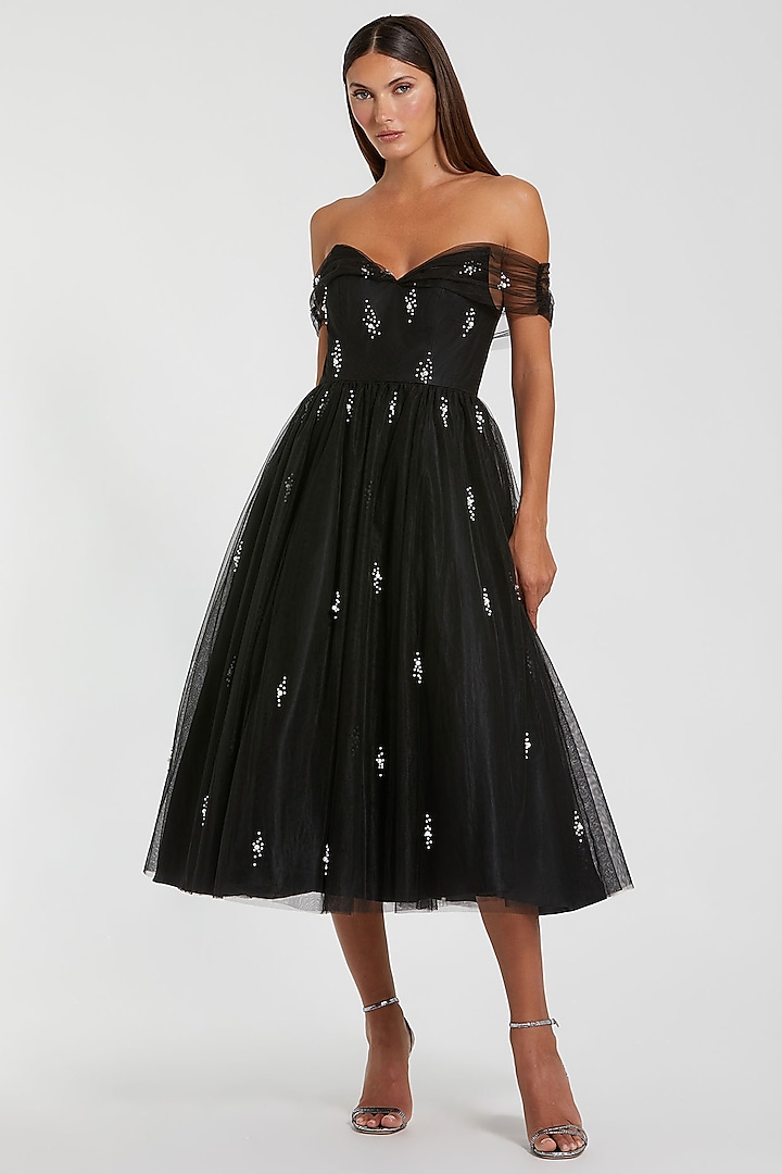 Black Polyester A-Line Midi Cocktail Dress by Mac Duggal at Pernia's Pop Up Shop