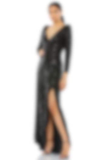 Black Polyester Ruffled Slit Engagement Gown by Mac Duggal at Pernia's Pop Up Shop