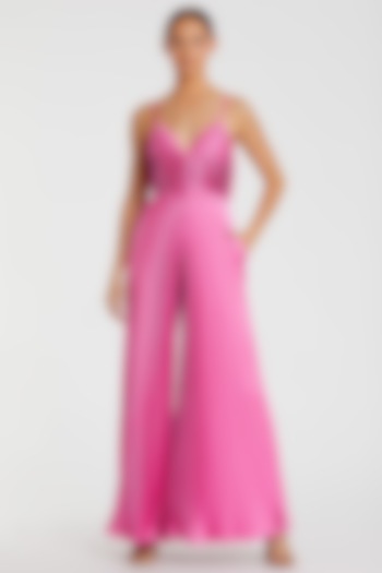 Pink Polyester Pleated Wide-Leg Jumpsuit by Mac Duggal at Pernia's Pop Up Shop