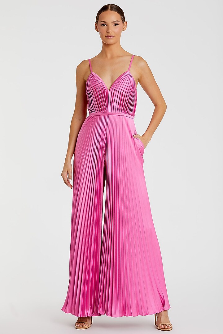 Pink Polyester Pleated Wide-Leg Jumpsuit by Mac Duggal at Pernia's Pop Up Shop