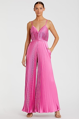 Pink Polyester Pleated Wide-Leg Jumpsuit by Mac Duggal