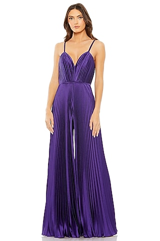 Purple Polyester Pleated Wide-Leg Jumpsuit by Mac Duggal