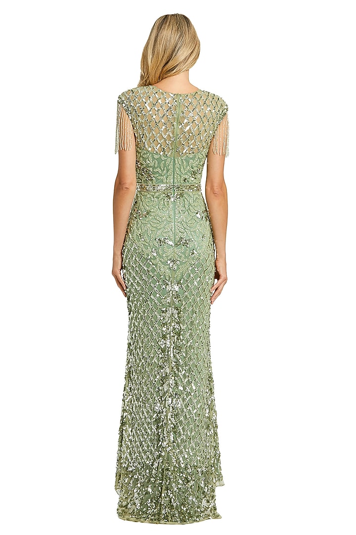 Sage Green Mesh Sequins Embroidered Engagement Gown by Mac Duggal at Pernia's Pop Up Shop