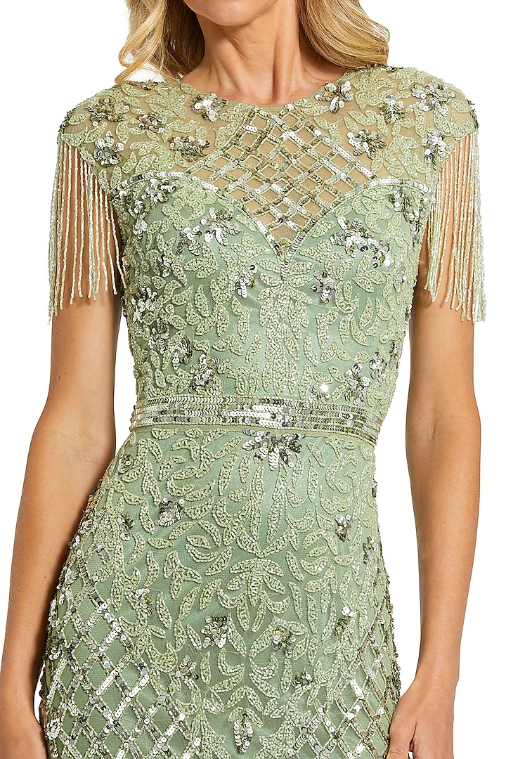 Sage Green Mesh Sequins Embroidered Engagement Gown by Mac Duggal at Pernia's Pop Up Shop