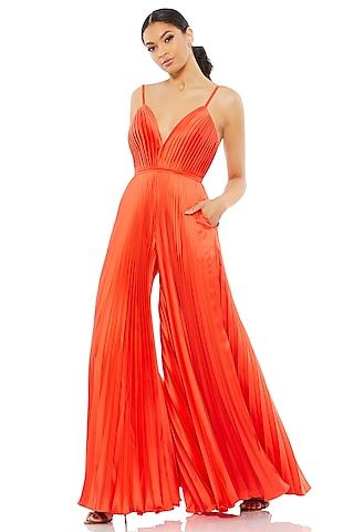 Tangerine Polyester Pleated Wide-Leg Jumpsuit by Mac Duggal