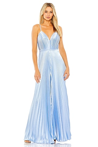 Blue Polyester Pleated Wide-Leg Jumpsuit by Mac Duggal
