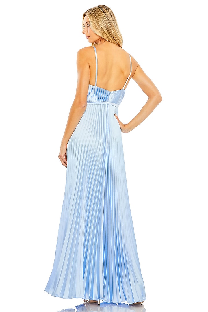 Blue Polyester Pleated Wide-Leg Jumpsuit by Mac Duggal at Pernia's Pop Up Shop