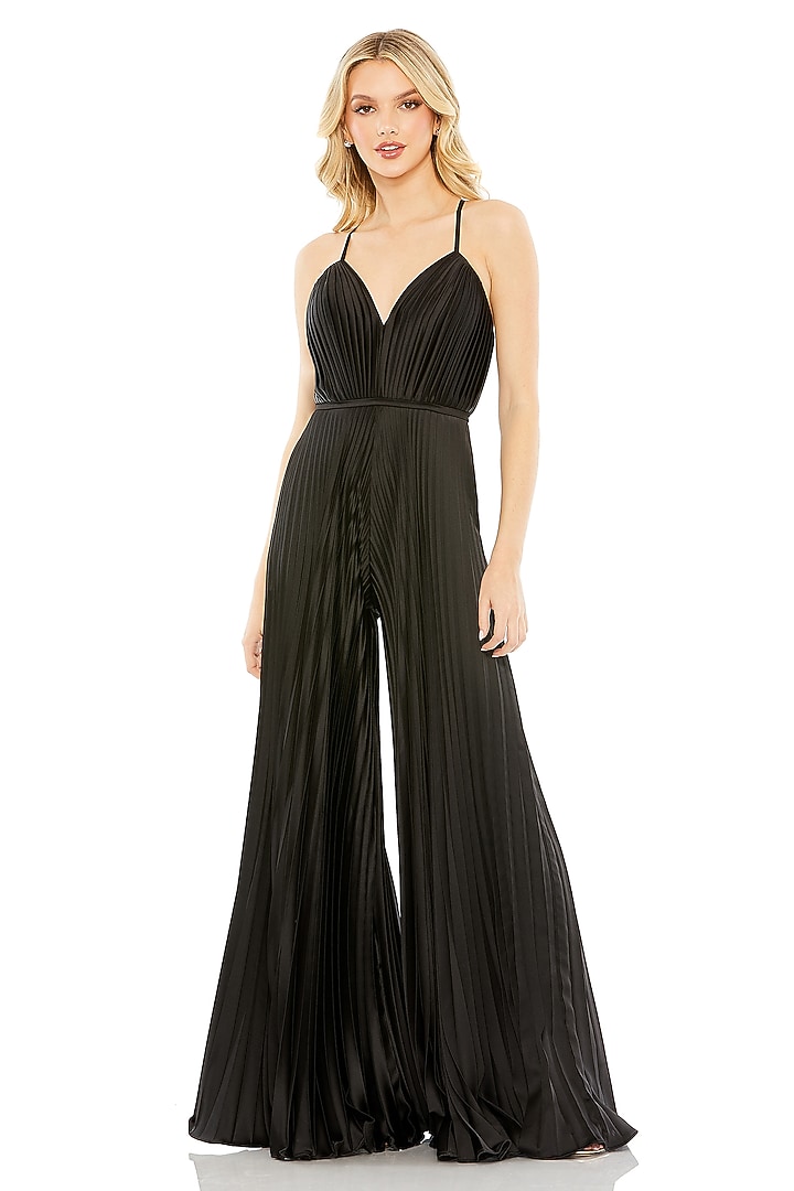 Black Polyester Pleated Wide-Leg Jumpsuit by Mac Duggal at Pernia's Pop Up Shop