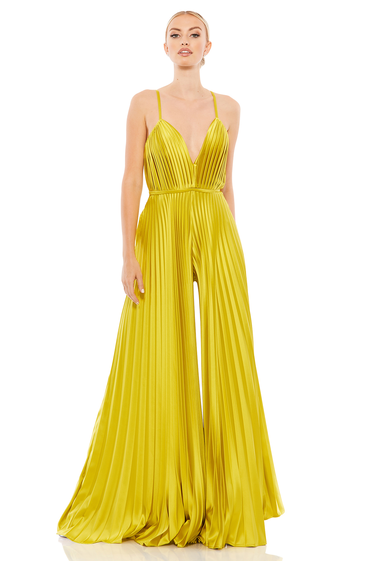 Chartreuse Polyester Pleated Wide-Leg Jumpsuit by Mac Duggal at Pernia's Pop Up Shop