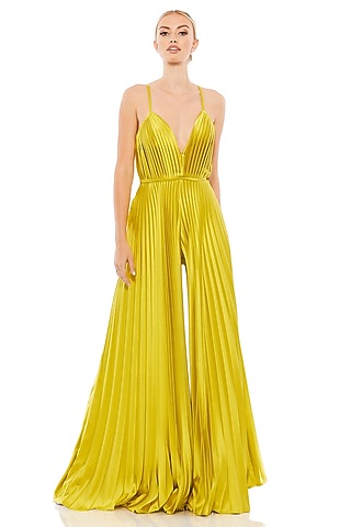 Chartreuse Polyester Pleated Wide-Leg Jumpsuit by Mac Duggal
