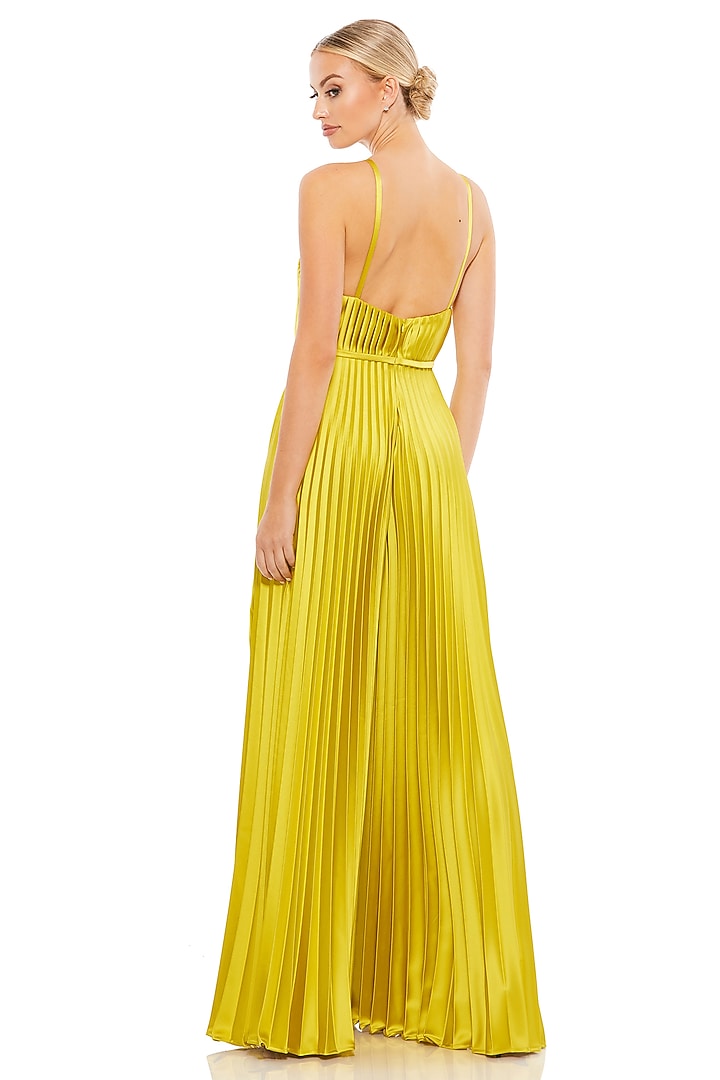 Chartreuse Polyester Pleated Wide-Leg Jumpsuit by Mac Duggal at Pernia's Pop Up Shop