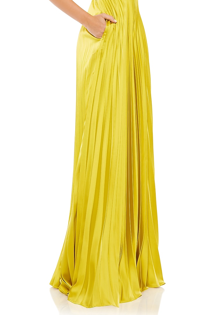 Chartreuse Polyester Pleated Wide-Leg Jumpsuit by Mac Duggal at Pernia's Pop Up Shop