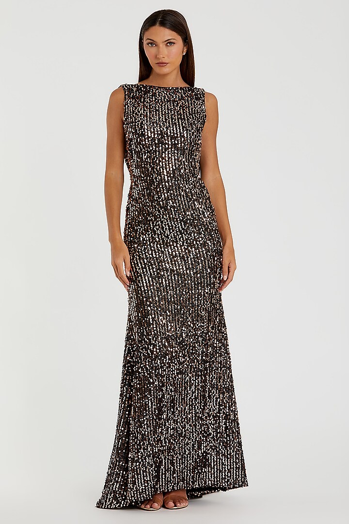 Bronze Polyester Trumpet Engagement Gown by Mac Duggal at Pernia's Pop Up Shop