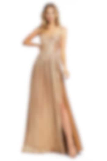 Gold Polyester Slit A-Line Party Wear Gown by Mac Duggal at Pernia's Pop Up Shop