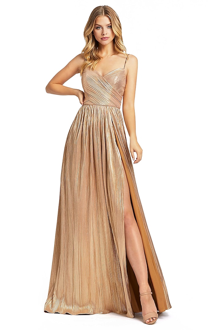 Gold Polyester Slit A-Line Party Wear Gown by Mac Duggal at Pernia's Pop Up Shop