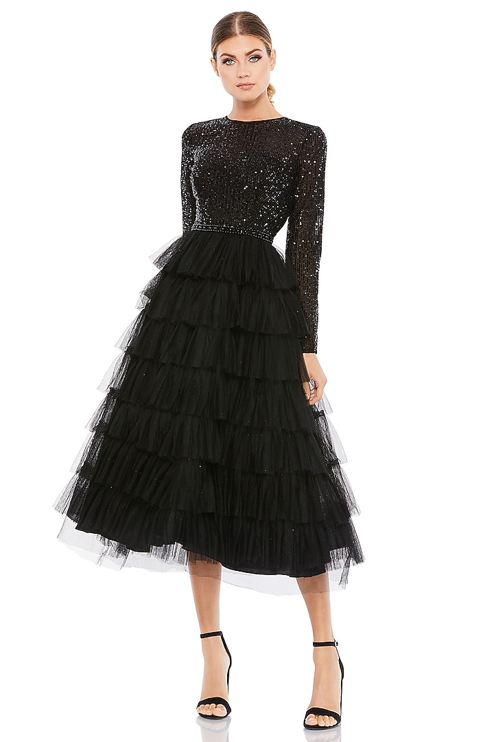 Black Polyester Layered Midi Party Wear Dress by Mac Duggal at Pernia's Pop Up Shop