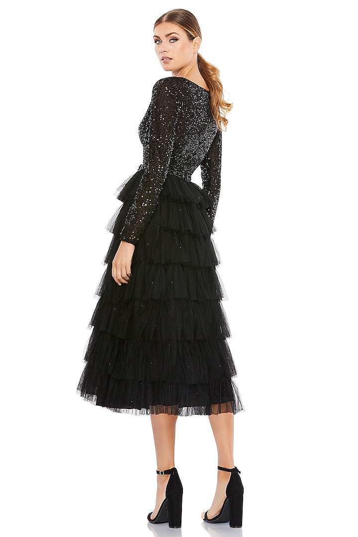 Black Polyester Layered Midi Party Wear Dress by Mac Duggal at Pernia's Pop Up Shop