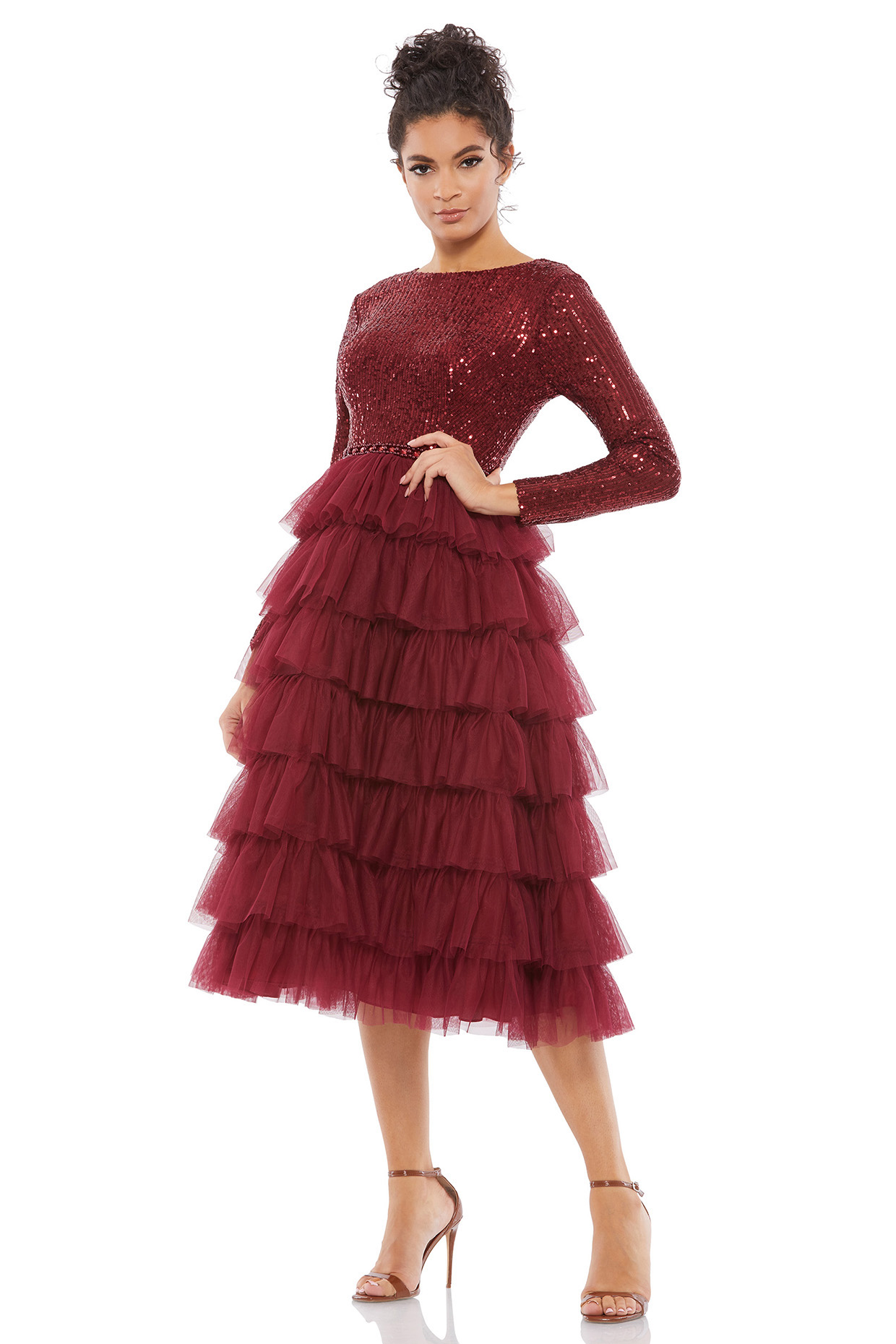 Wine Polyester Layered Midi Dress by Mac Duggal at Pernia's Pop Up Shop