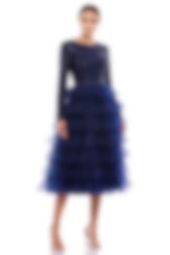 Midnight Blue Polyester Layered Midi Dress by Mac Duggal at Pernia's Pop Up Shop