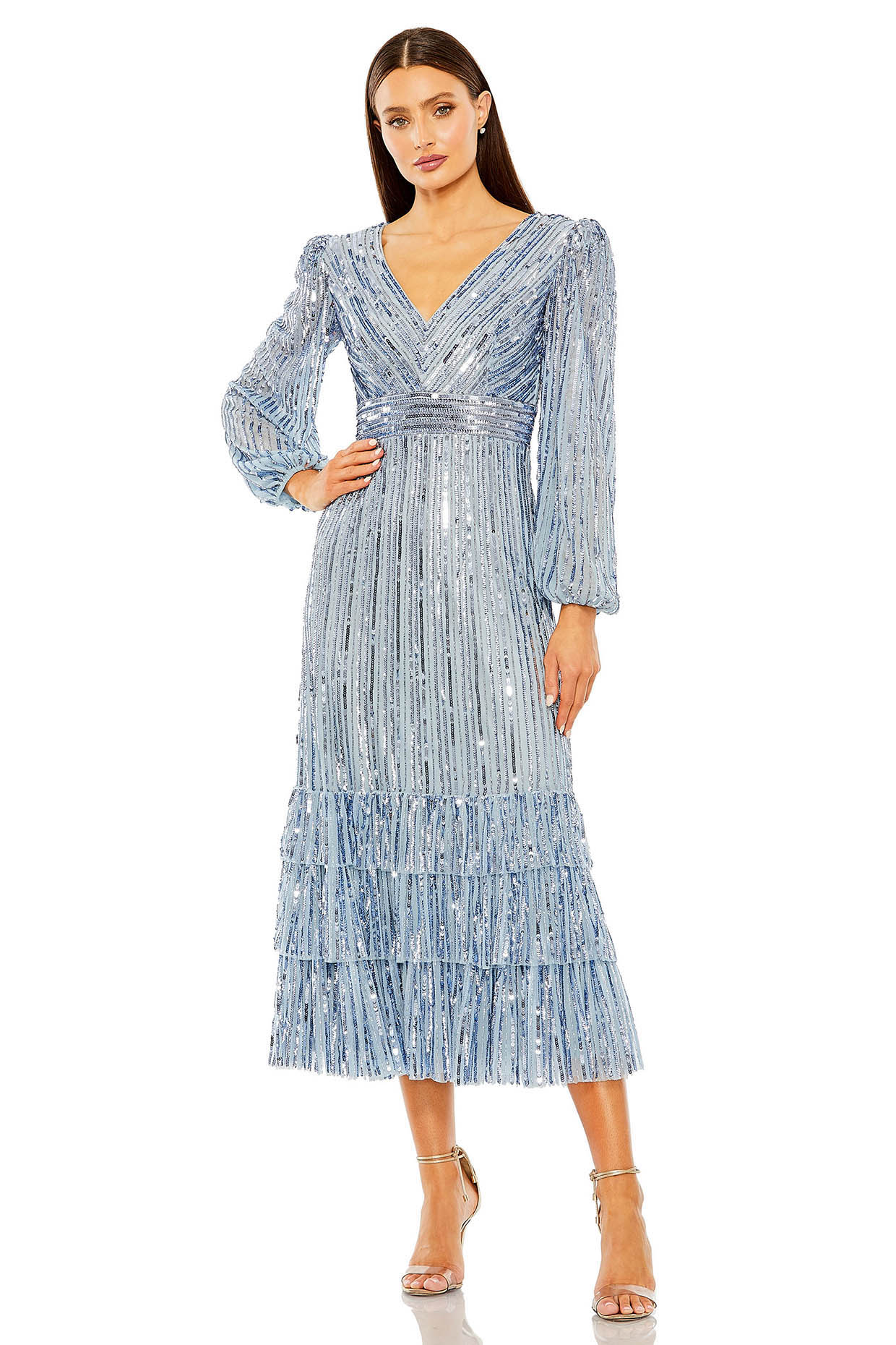 Slate Blue Polyester Tiered Midi Dress by Mac Duggal at Pernia's Pop Up Shop