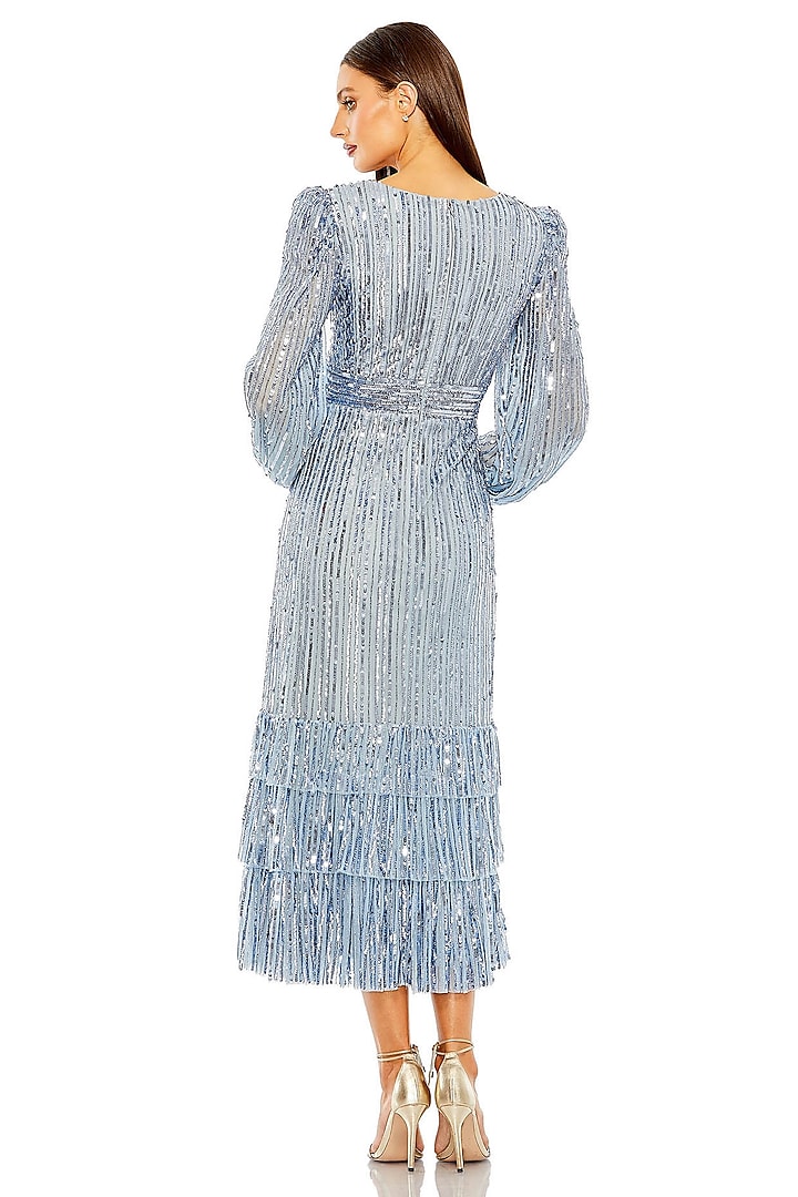 Slate Blue Polyester Tiered Midi Party Wear Dress by Mac Duggal at Pernia's Pop Up Shop