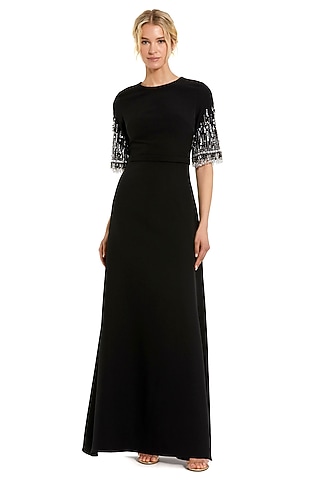 Black Polyester Beaded A-Line Gown by Mac Duggal