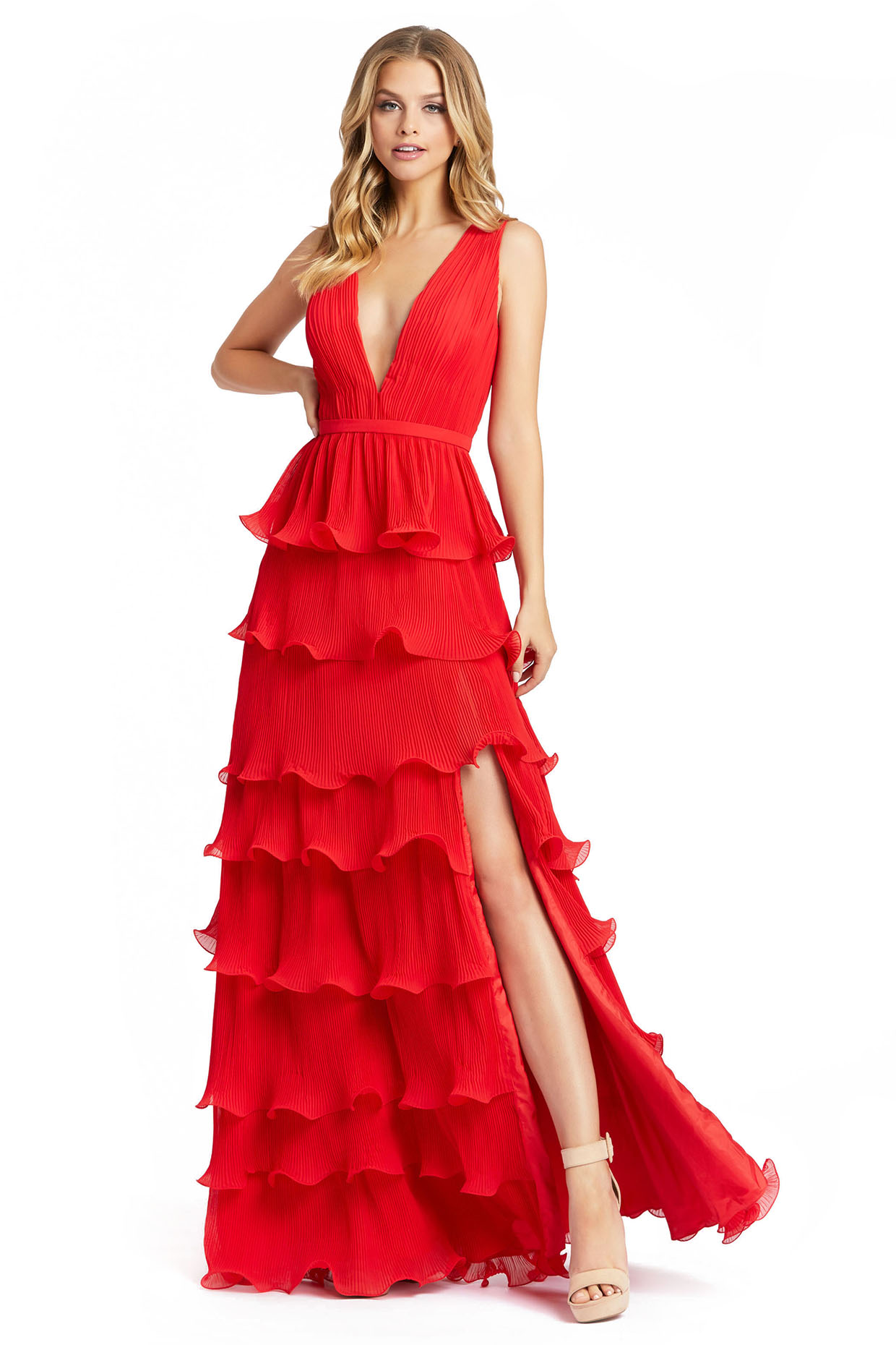 Red Chiffon Ruffled Tiered Gown by Mac Duggal at Pernia's Pop Up Shop