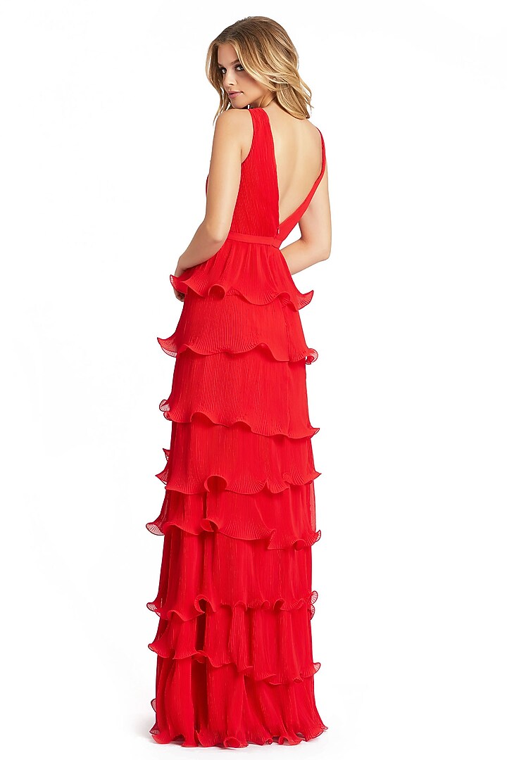 Red Chiffon Ruffled Tiered Engagement Gown by Mac Duggal at Pernia's Pop Up Shop