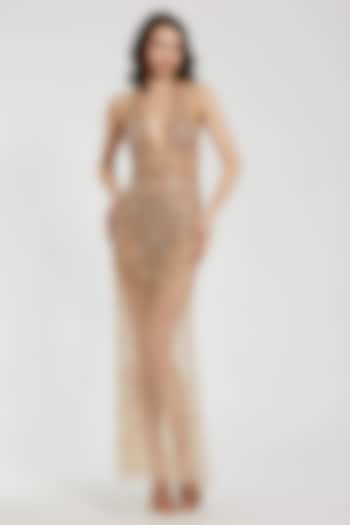 Nude Silver Polyester Hand Embellished Bridal Gown by Mac Duggal at Pernia's Pop Up Shop