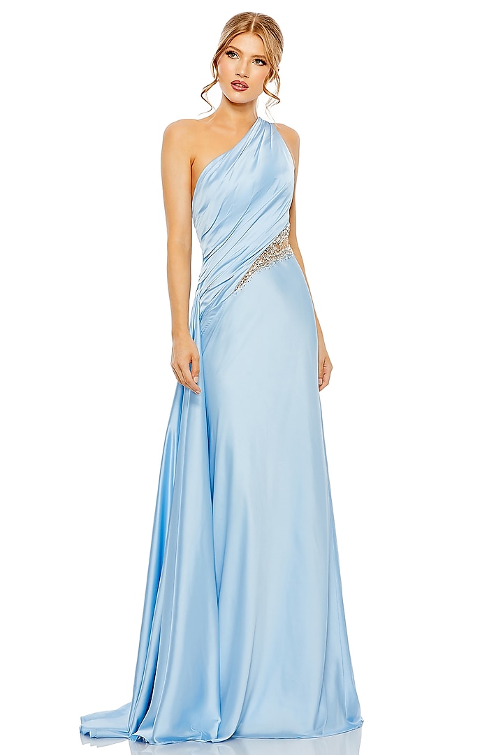 Powder Blue Polyester Rhinestone Embellished One-Shoulder Engagement Gown by Mac Duggal at Pernia's Pop Up Shop