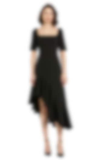 Black Crepe Asymmetric Ruffled Midi Cocktail Dress by Mac Duggal at Pernia's Pop Up Shop