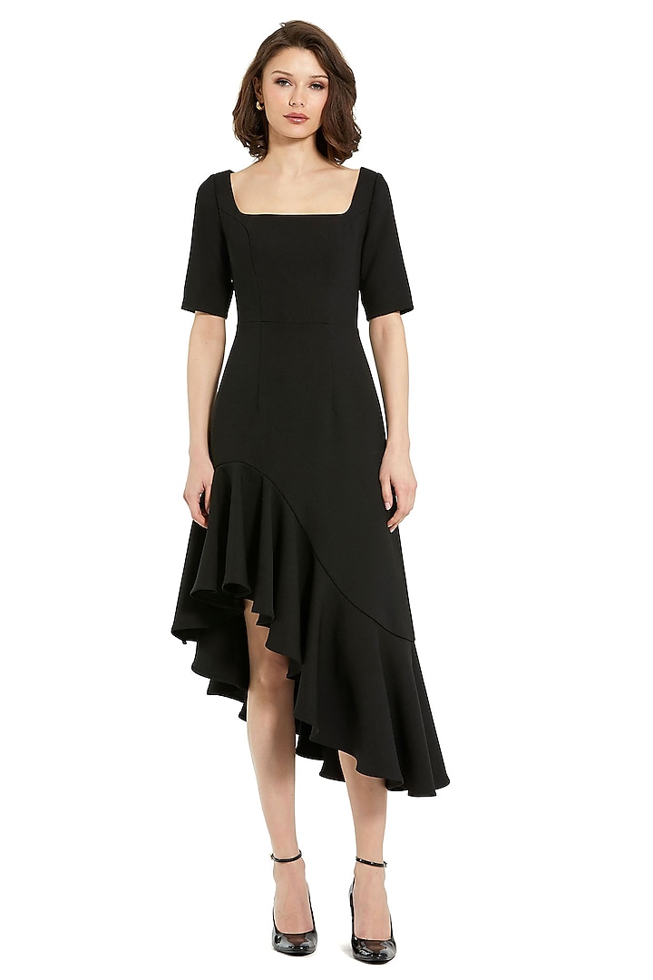 Black Crepe Asymmetric Ruffled Midi Cocktail Dress by Mac Duggal at Pernia's Pop Up Shop